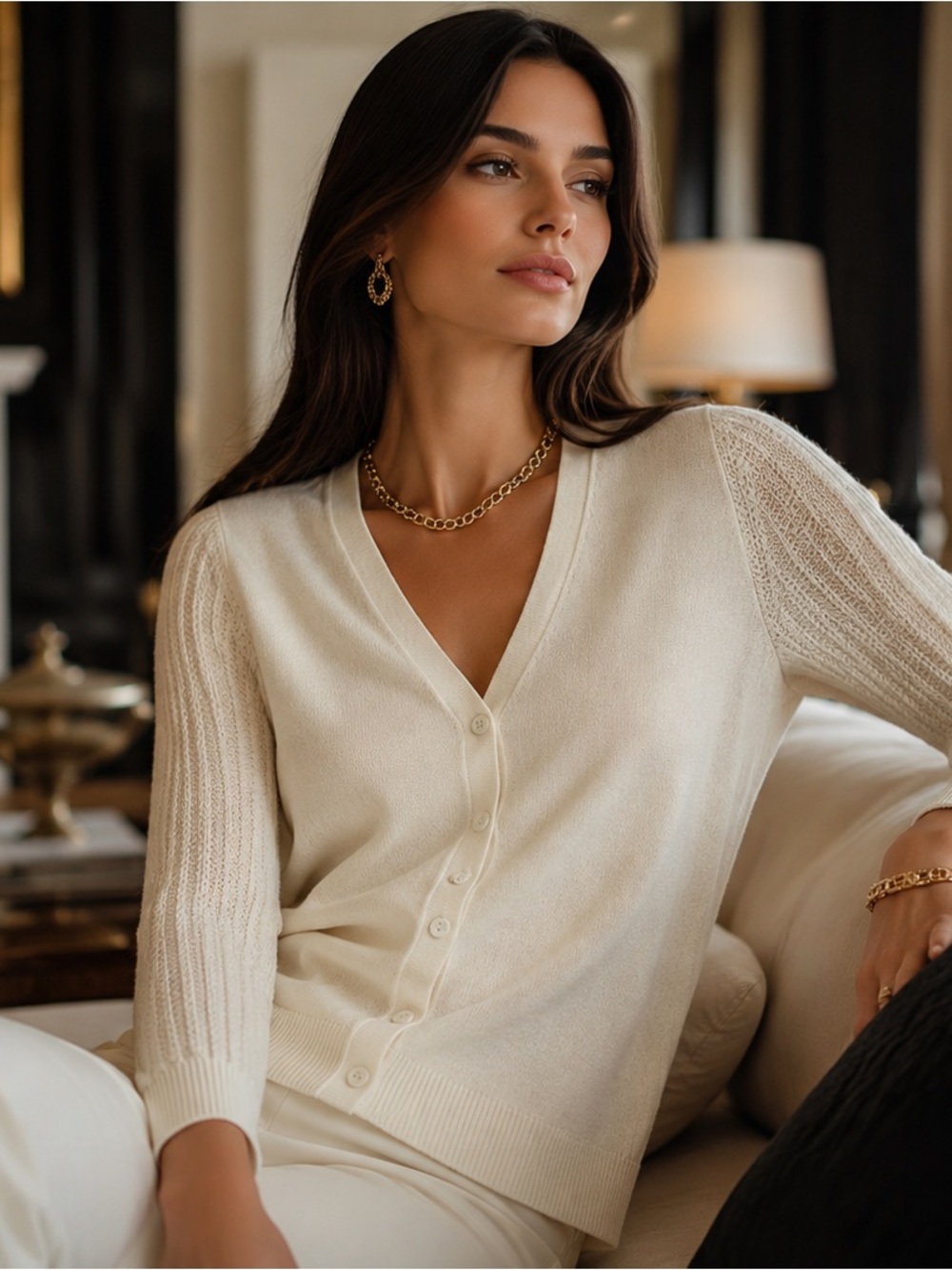 TSE Long Sleeve Lightweight Cashmere Ivory Cardigan Size Medium
